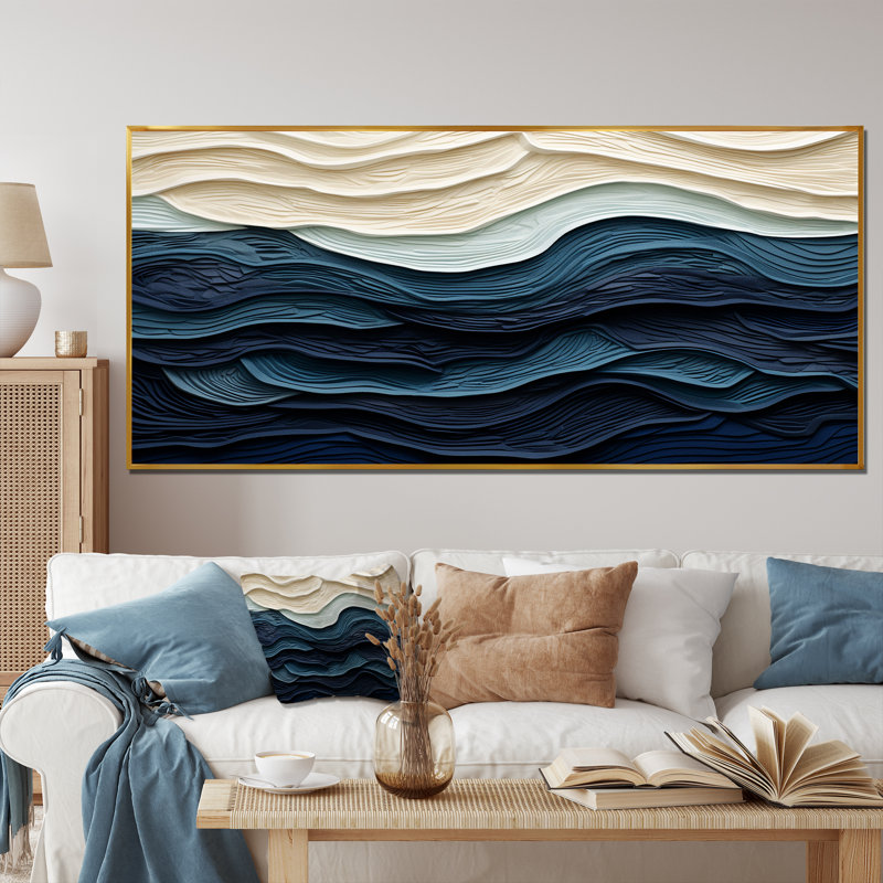 «Blue and White Coastal Waves», impression murale abstraite sur toile côtière, H 28 po x l 60 po, Doré