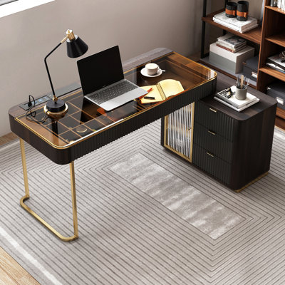 Mathian High-quality Swivel Computer Desk,Home office Desk,L-Shaped Executive Desk,Power Outlet, Glass Top,Very easy to assemble by Hokku Designs