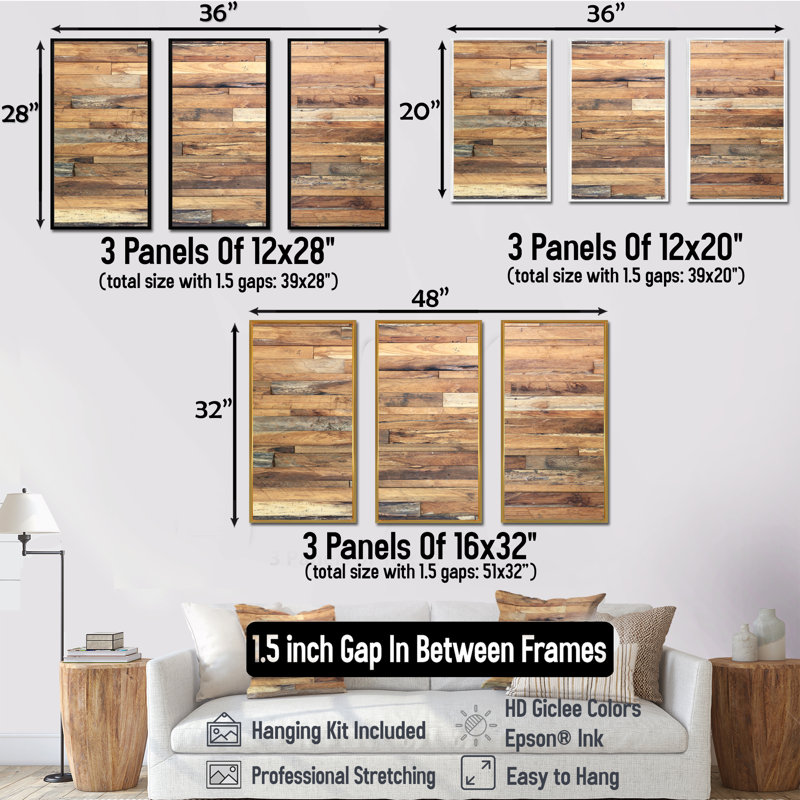 Brown Wood Texture - ensemble de 3 reproductions sur toile flottantes, H 32 po x l 48 po x P 1 po, Cadre blanc