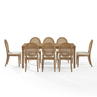 Jacolyn 9pc Dining Table Set For 8 Cane-back Upholstered Chairs