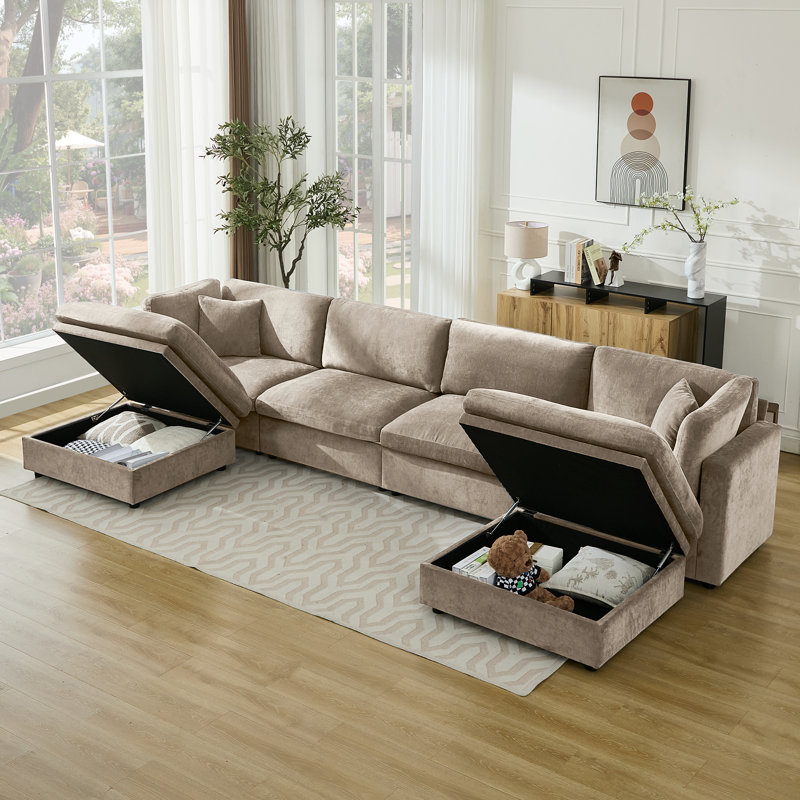 Oversized Down-Filled Modular Sofa With Ottomans, 34.6" H x 154.3" W x 66.9" D, Khaki