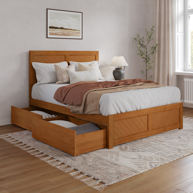 Lit plateforme en bois massif Jeinny avec pied de lit et tiroirs de rangement assortis, Grand, Caramel clair