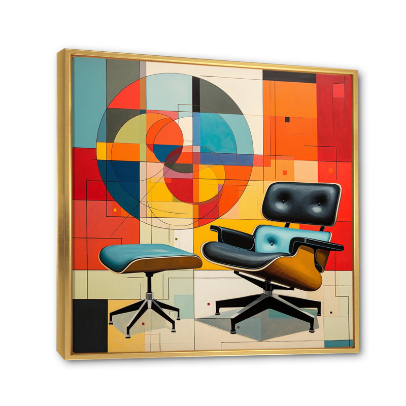 «Mid-Century Eames Delight I» - Impression, Cadre flottant doré, H 16 po x l 16 po x P 1 po