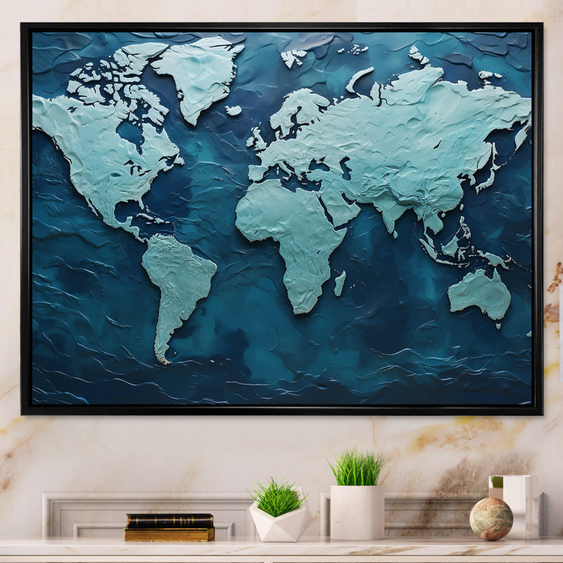 «Oceanic Ombre World Map» sur toile, H 24 po x l 32 po x P 1 po, Cadre flottant noir