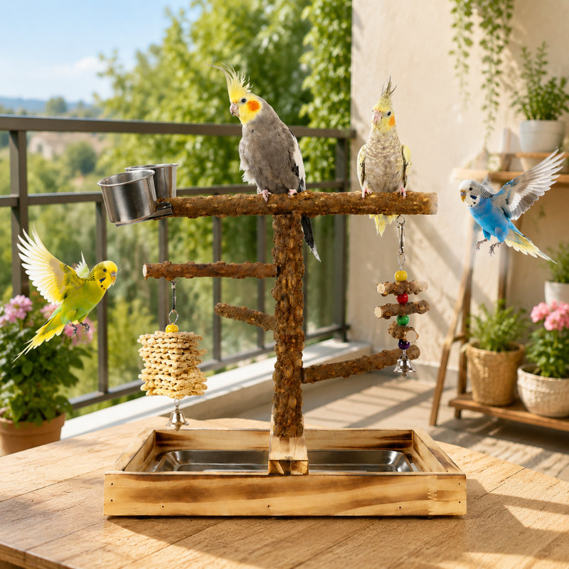 Support de jeu pour perroquet en bois de poivre épais, perchoir multi-branches avec jouets à mâcher suspendus et tasses en acier inoxydable, aire de jeu pour petits perroquets moyens
