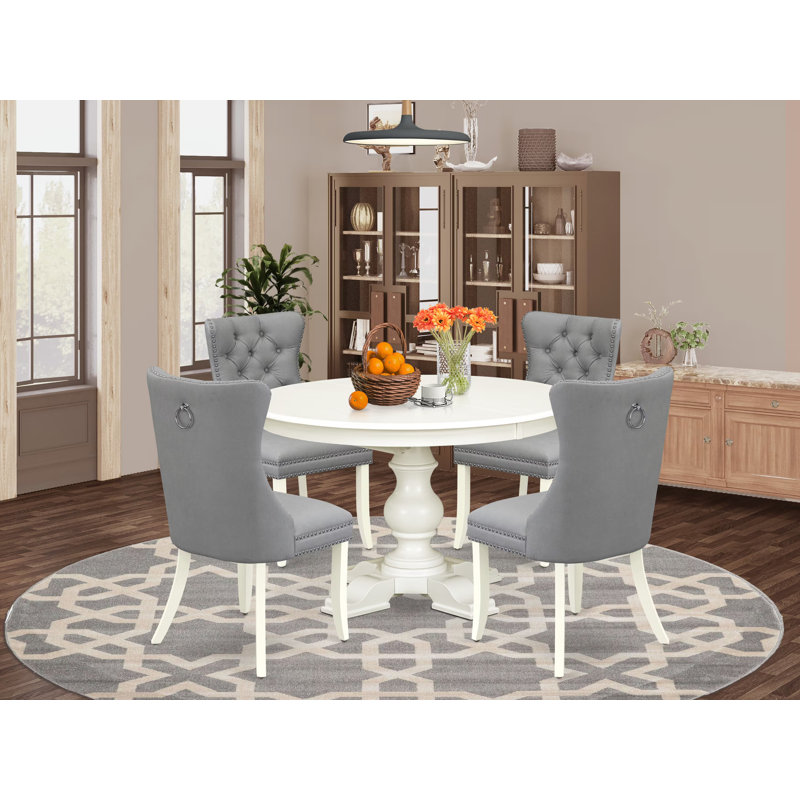 Ensemble de cuisine 5 pièces Mid-Century pour 4 personnes en polyester et table ronde / ovale - finition lin blanc.