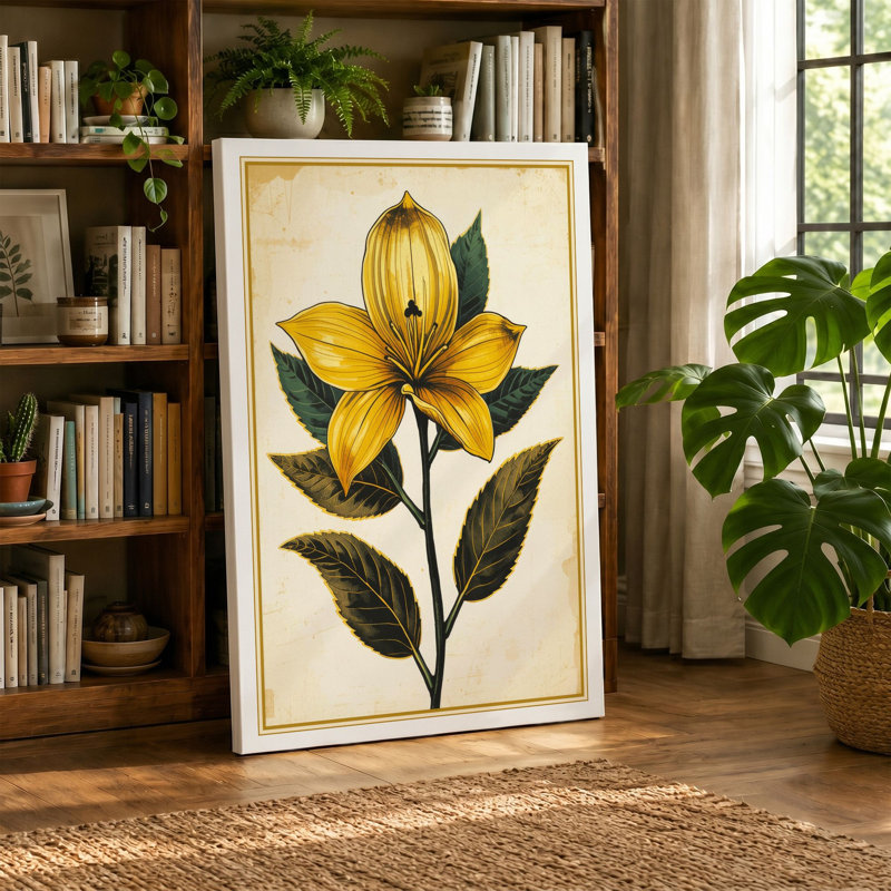 Golden Bloom Botanical - Wrapped Canvas, 18x12 - 45.7 x 30.5 cm, Ochre Border