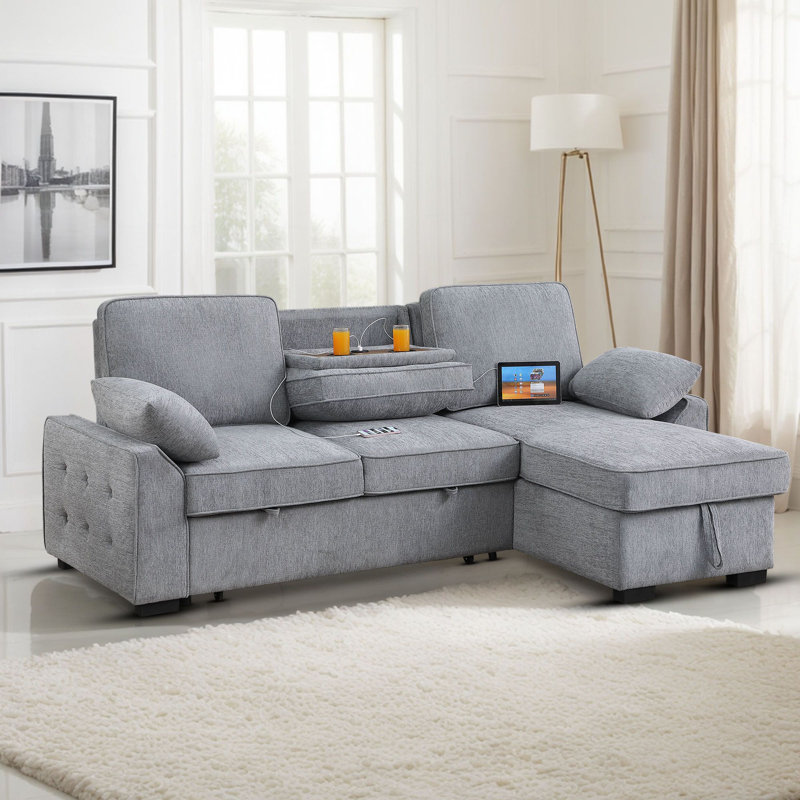 Latitude Run® 91.5 " Modern Shariff Reversible Chenille Upholstered Sleeper Sectional Sofa with Storage Chaise