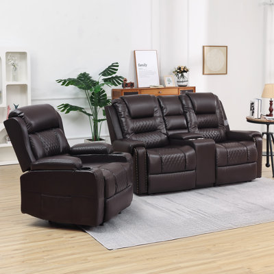 Fauteuil de massage inclinable chauffant en cuir 3 places Latitude Run® avec porte-gobelets et rangement