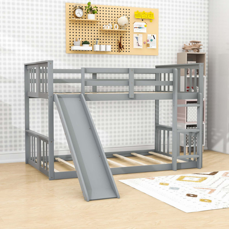 Twin Over Twin Bunk Bed With Slide And Safety Guardrails