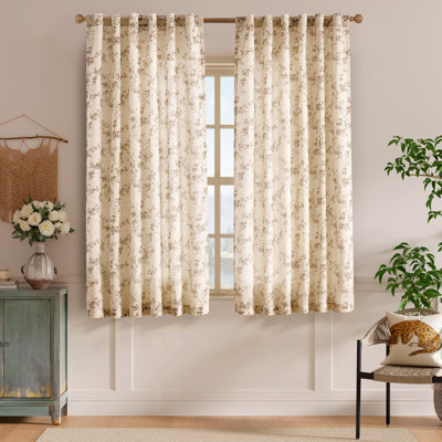 Lin rideaux de campagne fermiers taupe à motif floral de 63 pouces de long à rideaux à passants pour le salon Chambre à coucher avec passe-tringle filtrant la lumière de style champêtre rétro, 2 panneaux, taupe sur beige