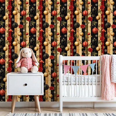 Papier peint auto-adhésif ornements de Noël boules rouges, noires et dorées, poinsettias, papier contact, amovible, auto-adhésif, décoration murale pour armoires de cuisine de chambre à coucher 17,7 po x 118 po