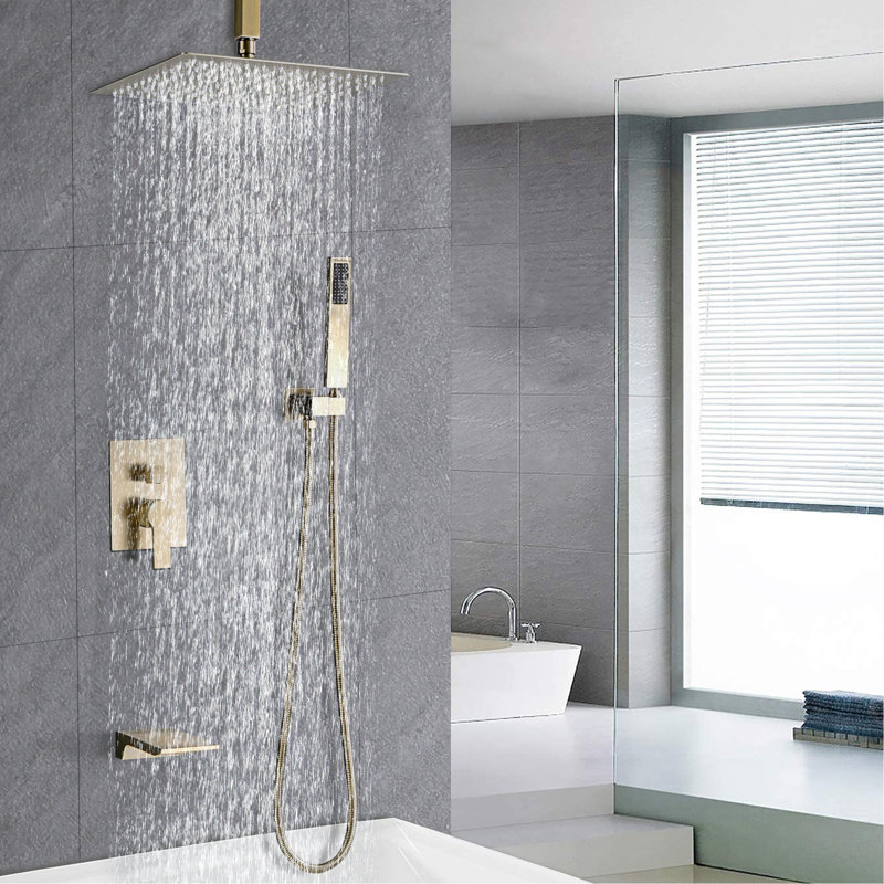 Brushed Gold 12Inch Shower Featuring Waterfall Spout & Flexible Handheld Kit Kit: With Tub Swiveling, Brushed Gold
