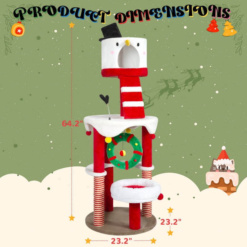 64.2'' H Christmas Multi-Level Cat Tree with Scratching Post and Toy Balls, Christmas Snowman Cat Condo