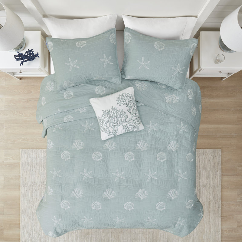 Dusty Blue Cotton Nautical Reversible Full Quilt Set