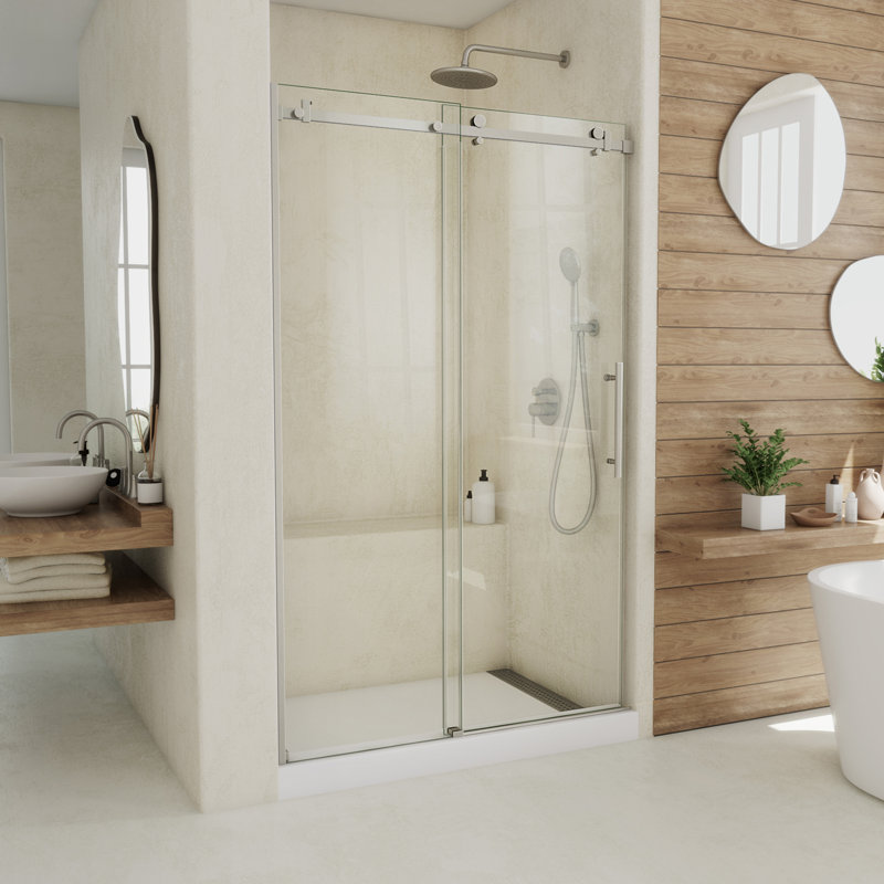 Porte de douche coulissante sans cadre en acier inoxydable poli l 44 à 48 po x H 76 po Seneca, Acier inoxydable brossé