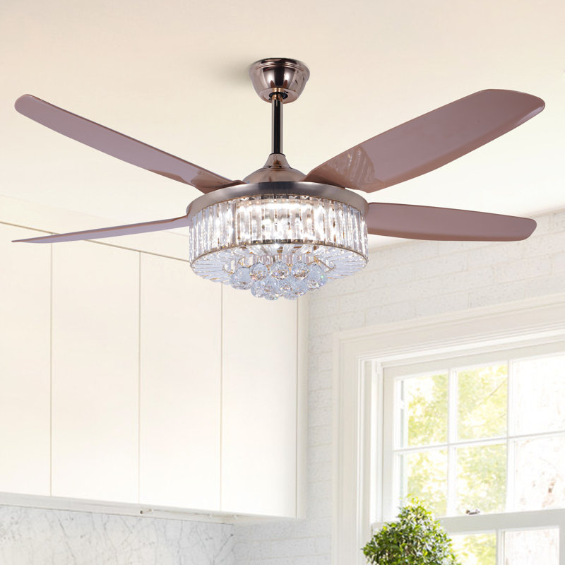 Ventilateur de plafond moderne en cristal 52 po avec lumière, moteur réversible à 5 pales, DEL 3 couleurs, télécommande