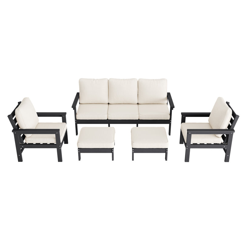  5 Piece HIPS Outdoor Sofa Set with Fade-Resistant & Extra Thick Cushions, Outdoor Sectional with Ottoman for Patio, Yard, Garden