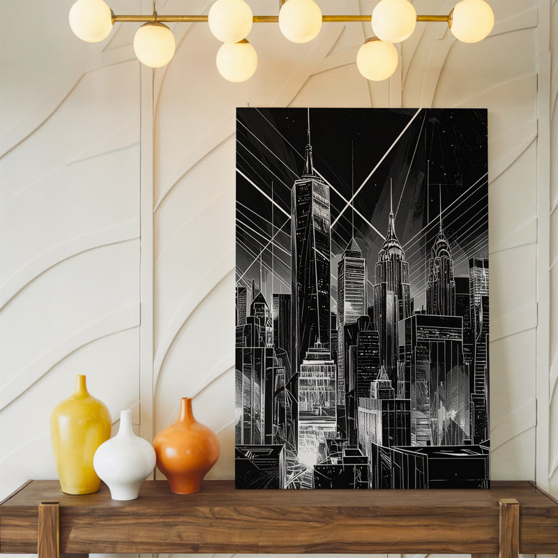 Toile «Futuristic City Skyline», art mural noir et blanc avec art Empire, H 9 po x l 12 po