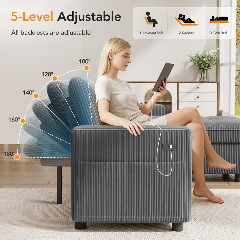 Multifunctional Sectional Sleeper Sofa with USB/Type-C Charging, 5-Position Adjustable Backrest, Tool-Free Assembly, Corduroy Fabric with Washable Covers – L-Shape Sofa