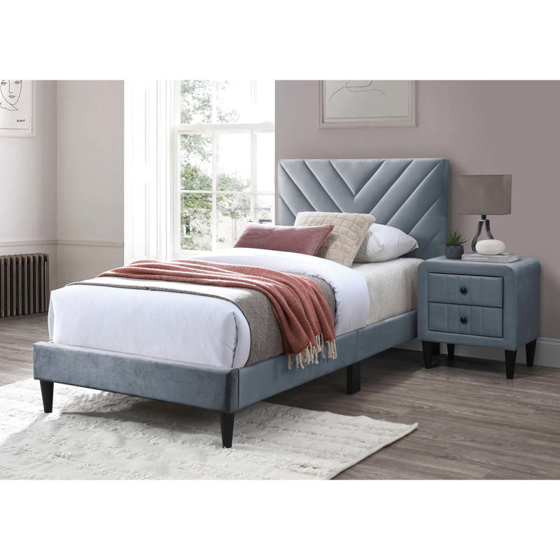 Modern Twin Bed - Gray Velvet, Adjustable Headboard, 12 Stable Support, No Box Spring, Bedroom Velvet Size , Strong Decor