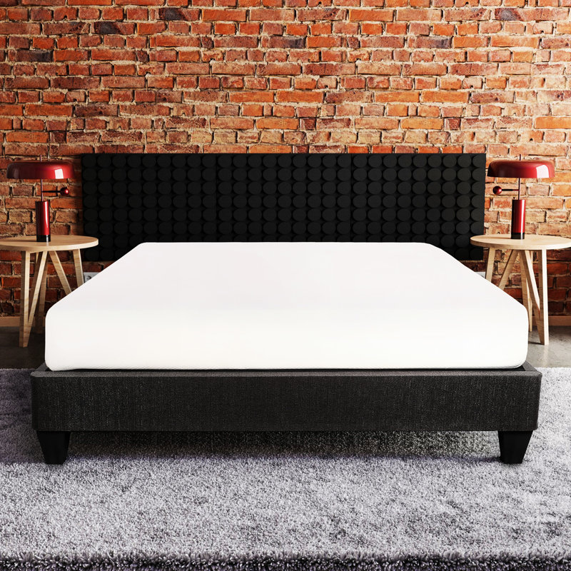 Base de lit contemporaine tapissier gris foncé, sommier plateforme 14 po, pleine grandeur, bois, sans sommier, bois recouvert