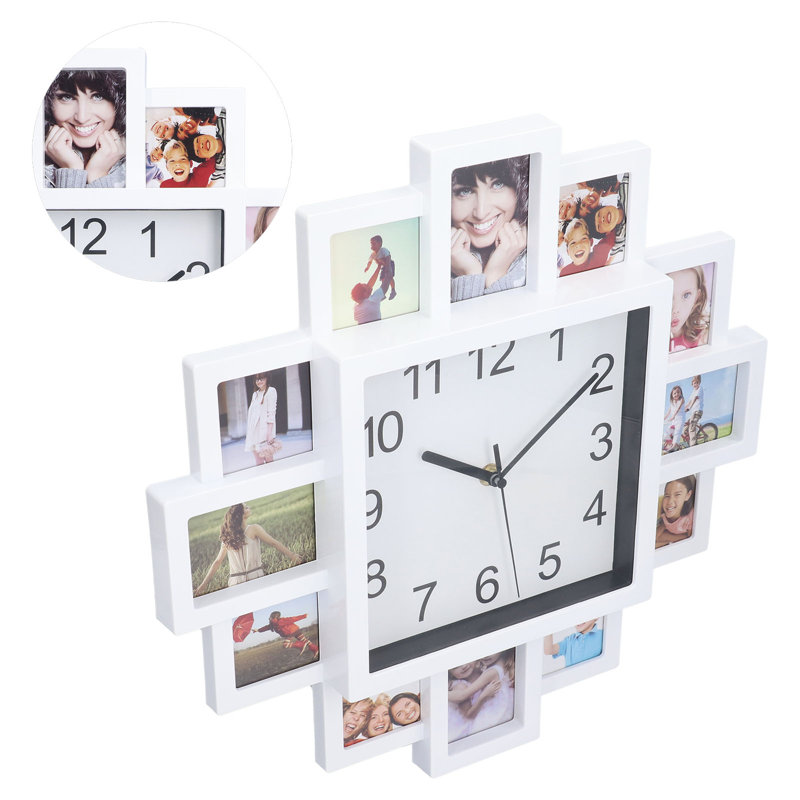 Horloge murale avec cadre photo blanc de 15,35 pouces, personnalisable à faire soi-même pour la décoration intérieure