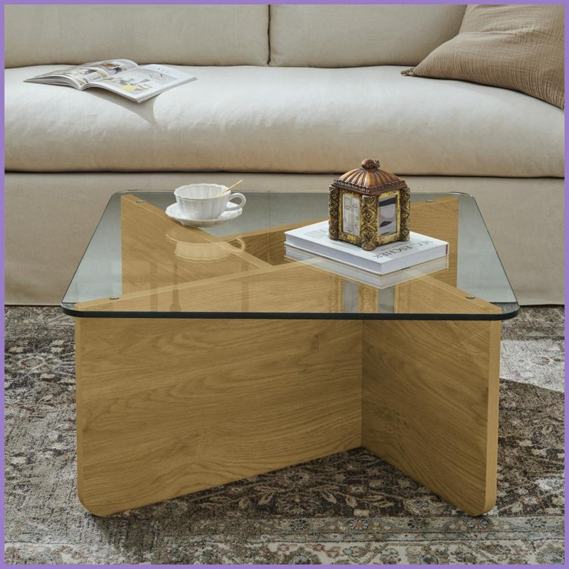 Table basse Mid-Century moderne de 31,5 pouces avec plateau en verre trempé pour salon, facile à nettoyer et amp; Durable