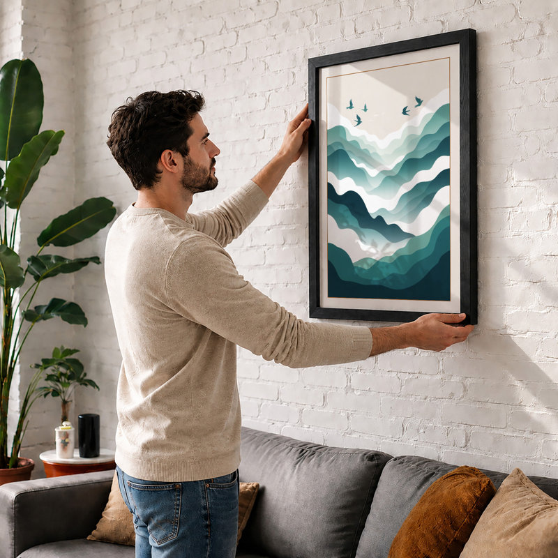 Mountains at Stillness Minimalist - Framed Print, A2 - 59.4 x 42.0 cm, White