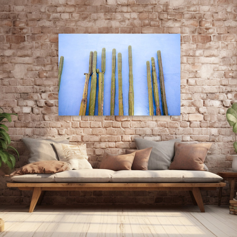 Tall Cacti on Blue | Oaxaca Mexico Travel Colorful Abstract Contemporary Cactus City Landscape Wall Art Print 1 Piece Wrapped Canvas Wall Art