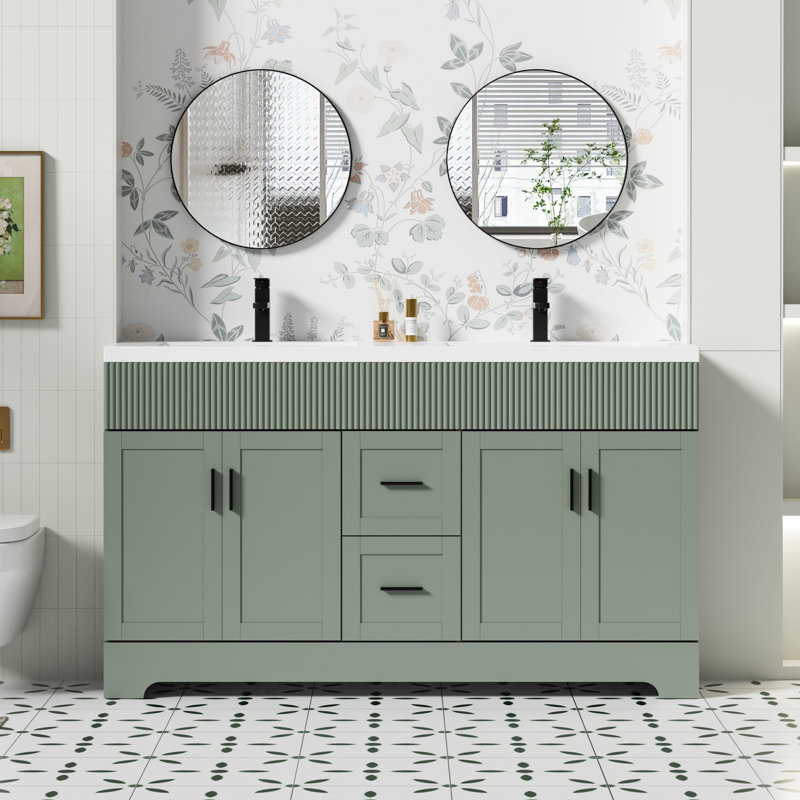 Breonica Shavon 60" Double Sink Bathroom Vanity With Resin Top, Zinc Alloy Faucet, Hand Painted, EPA certificate, Green