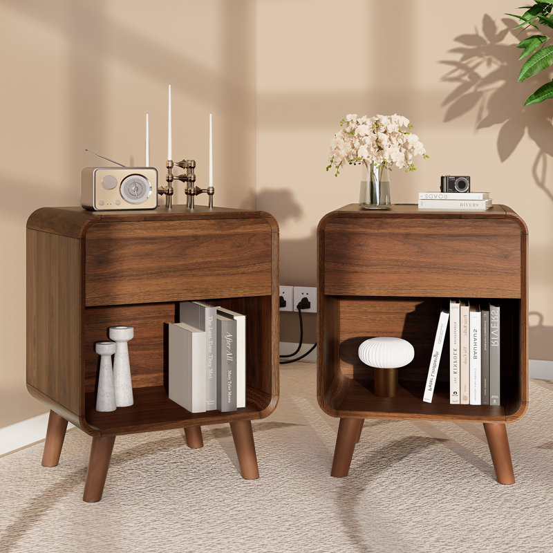 Angela Wood Nightstand Set of 2 with Charging Station, Bed Side Table Set of 2 with Charging Station, Round Corner Wood Night Stand, 15.7"D x 17.7"W x 23.6"H