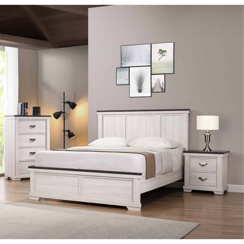 Commode de chambre en bois massif, quatre tiroirs, mobilier rustique d'aspect gris beige, fabrication de tiroir