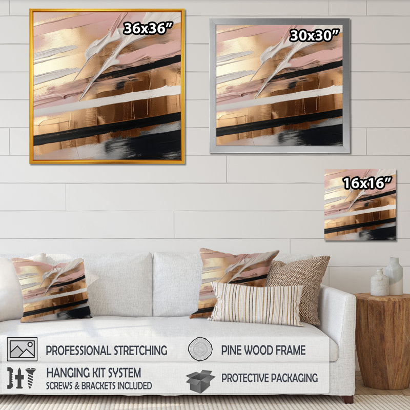 Or et formes roses en I contemporain - décoration murale abstraite, L 24 po x H 24 po, Toile tendue