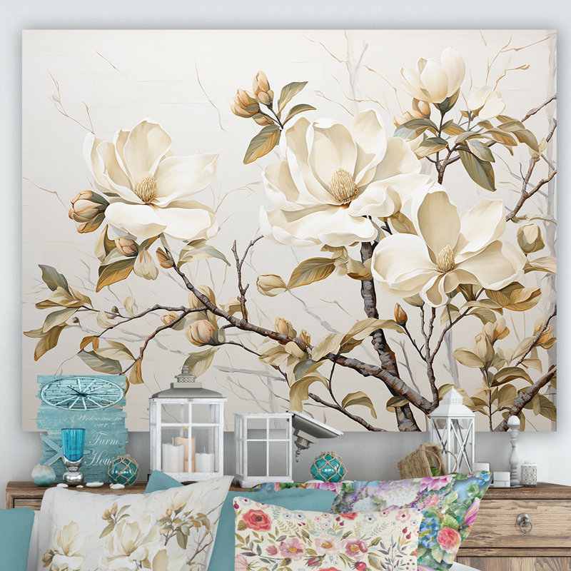 «Elegant Beige Magnolias Tranquility - Magnolias», art mural sur toile, Toile tendue, H 24 po x l 32 po x P 1 po