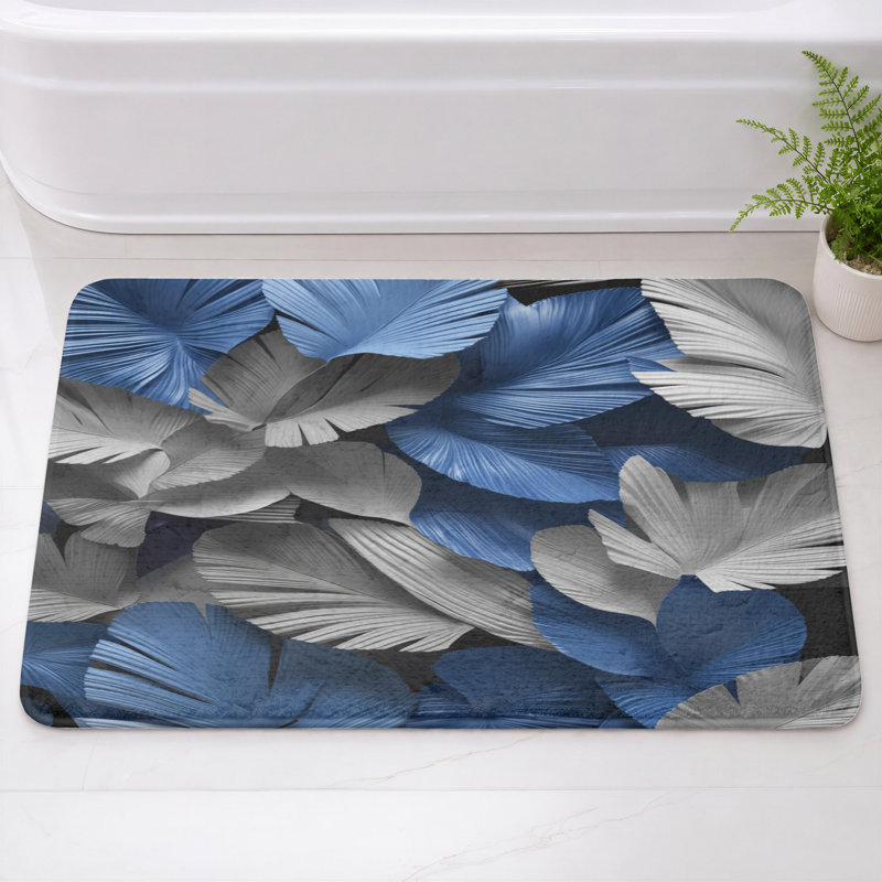 Tapis de bain texturé à feuilles de palmier, L 34 po x L 21 po, Bleu moyen / gris moyen