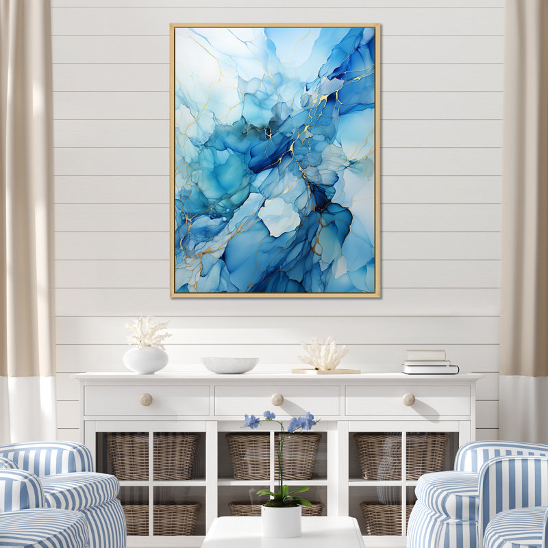 Minimalisme blanc et bleu glacier - reproduction sur toile, Cadre naturel flottant, H 32 po x l 16 po x P 1 po
