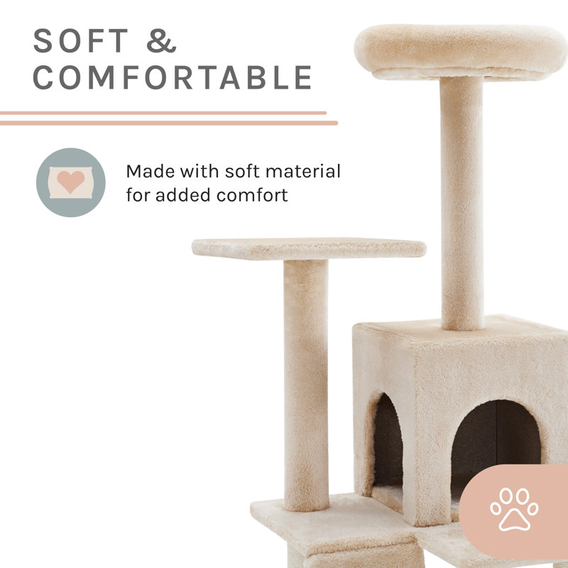 Cream Plush Polyester Double Decker Cat Tree with Hammock