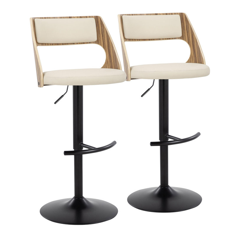 Adjustable Black Metal and Zebra Wood Barstools with Cream Faux Leather