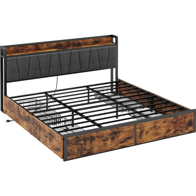 Brown And Gray California King Size Bed, 4 Drawers, Charging Headboard, Stable And Quiet, Spring-free, Easy To Install.