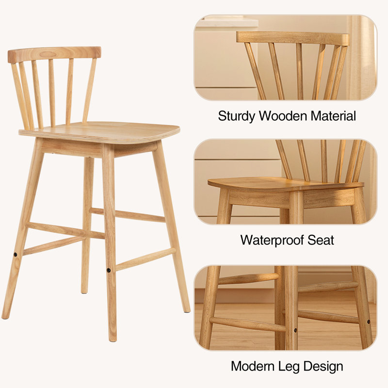 Tabouret de comptoir moderne en bois massif de 24 po, tabourets pour îlot de cuisine avec dossier, Chêne, 6