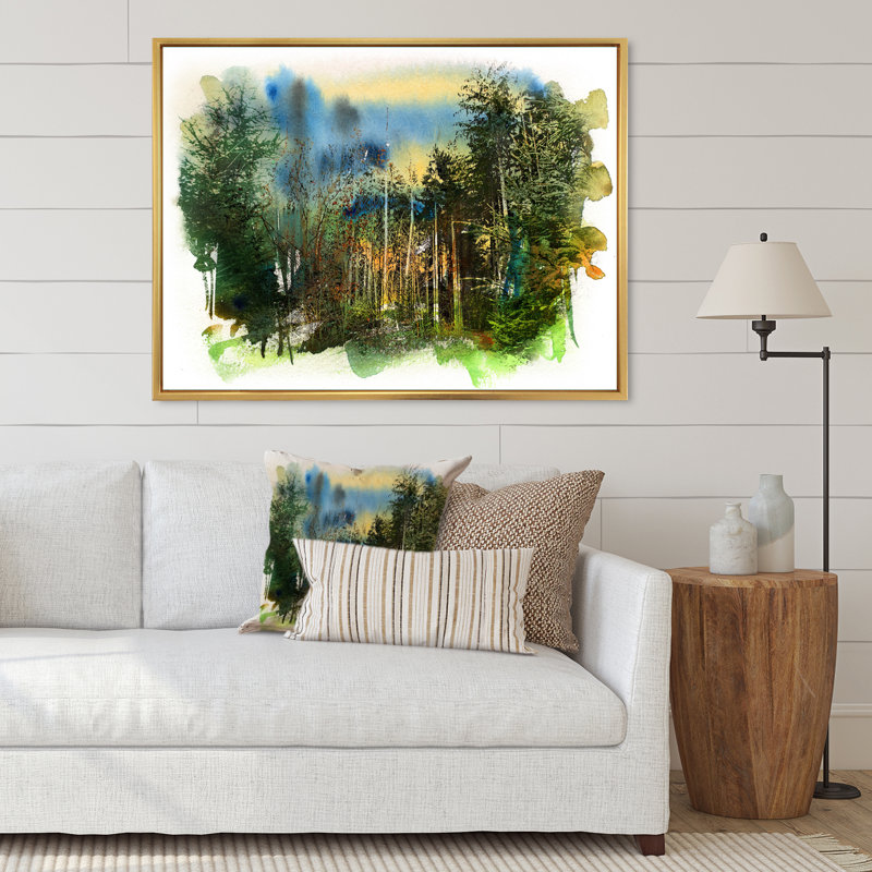 Paysage de forêt vert profond - peinture sur toile, Cadre doré, H 17 po x l 33 po