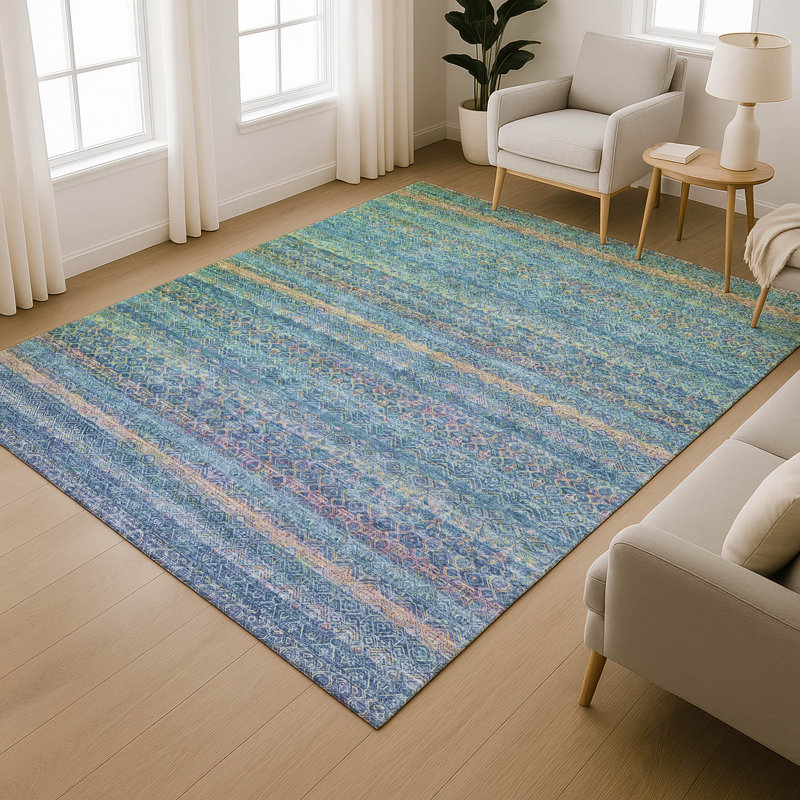 Premium Machine Washable Mayfield Striped Rug, Teal, 8' x 10'