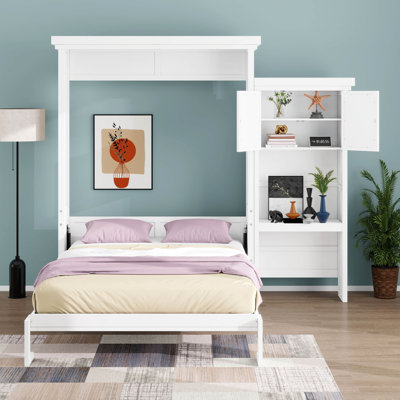 Grand lit escamotable avec conception pliante peu encombrante et plusieurs tablettes de rangement, cadre de lit à persiennes, finition en bois classique