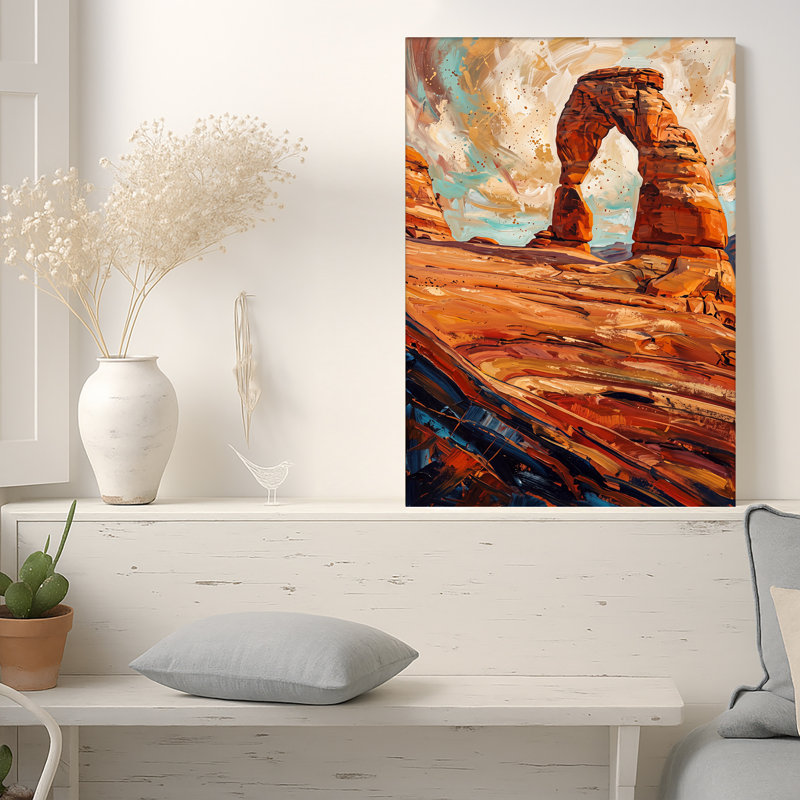Art mural sur toile Red Rock Arch in Orange and Blue Brushstroke, 18"H x 12"W