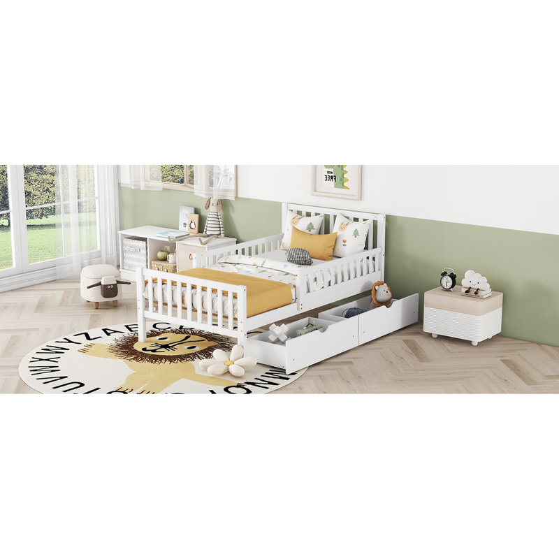 Lit plateforme simple avec garde-corps et rangement - Tiroirs de protection en bois blanc Charisma, Lit simple, Blanc