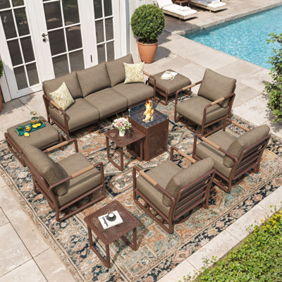 9 - Person Aluminum Patio Conversation Sets with Gilder&Swivel Chairs and Firepit