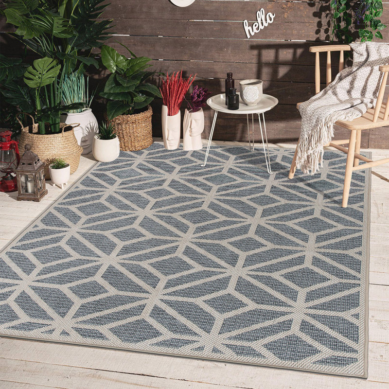 Tapis d'intérieur / extérieur bleu / gris / ivoire Pissouri, Rectangle 7 pi 10 po x 10 pi