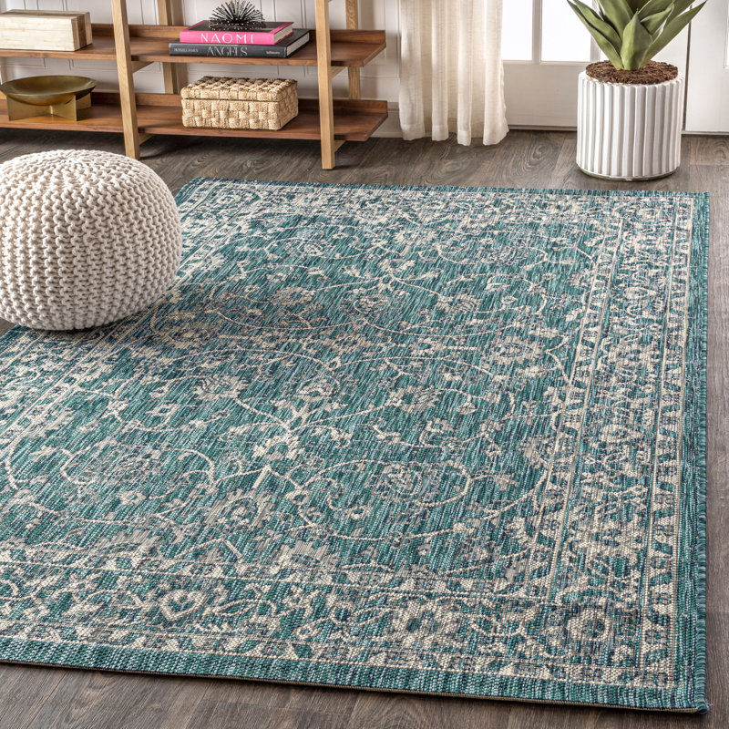 Haupt Vine and Border Textured Weave Teal/Gray Indoor/Outdoor Rug, Rectangle 5'3" x 7'7"