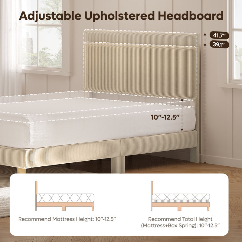 Abe Aadi Corduroy Upholstered Platform Bed with Channel-Tufted Headboard, Modern Bed Frame with Soft Padded Edges and Ambient LED